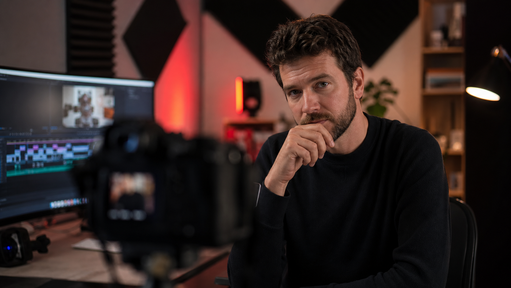 Video editor working at an editing setup